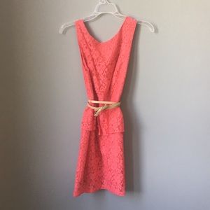 Coral Lace Belted Peplum Dress